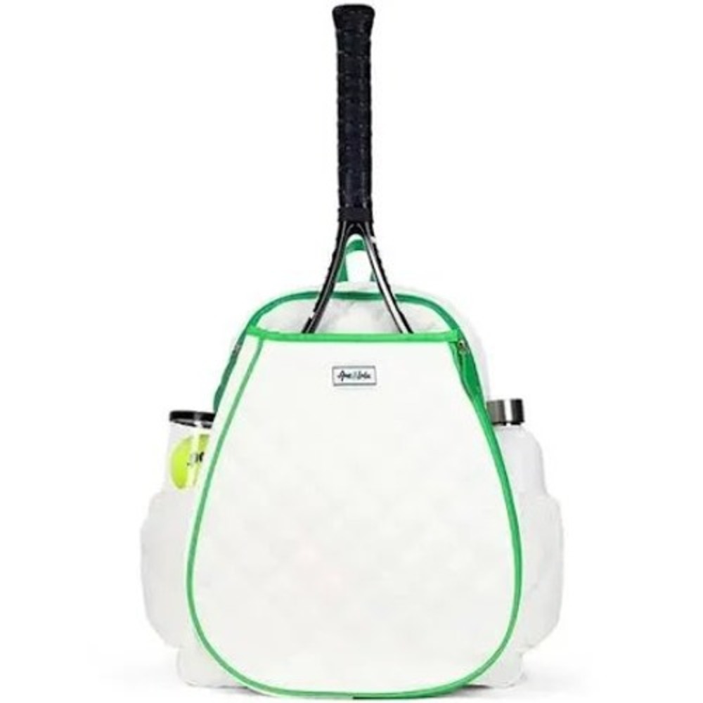 Ame & Lulu White Quilted Tennis Backpack Racquet Travel Sports Bag Green Preppy